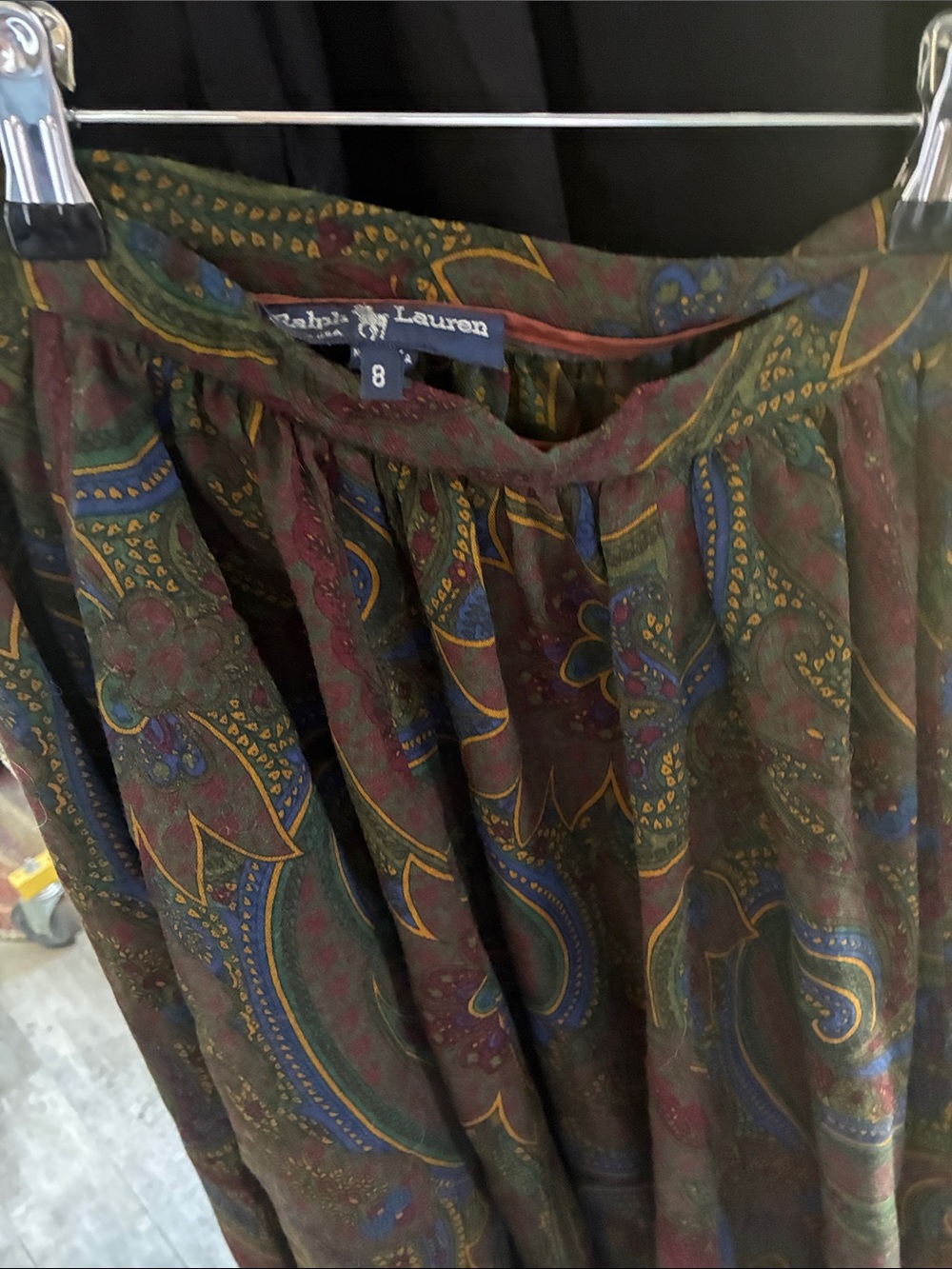1990s Ralph Lauren Women's Paisley Boho Maxi Skirt - Olive Multi